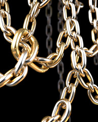 Obraz premium 3D Floating Metallic Chains with Interlocking Links, Suspended in Mid-Air Against a Deep, Glossy Black Background