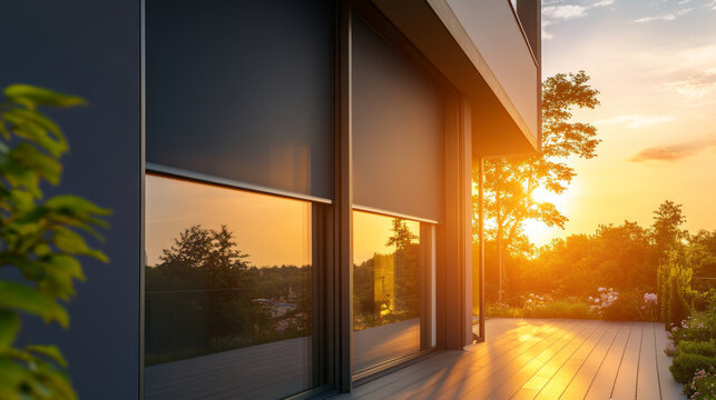 visual featuring roller blinds installed on a panoramic window of a modern house. The external shutters are shown providing sun protection and privacy for the exterior of the home.