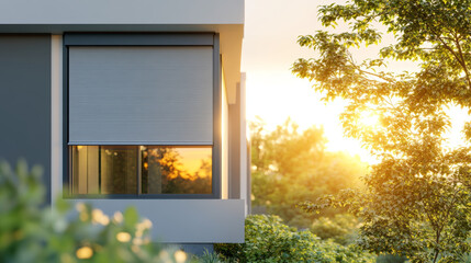 visual featuring roller blinds installed on a panoramic window of a modern house. The external shutters are shown providing sun protection and privacy for the exterior of the home.
