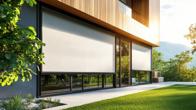 visual featuring roller blinds installed on a panoramic window of a modern house. The external shutters are shown providing sun protection and privacy for the exterior of the home.