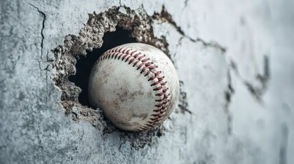 A Baseball hits through a cement wall,Baseball ball flying through the wall with cracks,concept of strength,home run,Baseball player hitting ball with bat in close up,sport day,space for text.