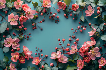 flowers with a white frame on a green background, in the style of light sky-blue and light pink, vintage minimalism, aerial view, bright backgrounds, uhd image, symmetrical arrangement --ar 3:2 --styl