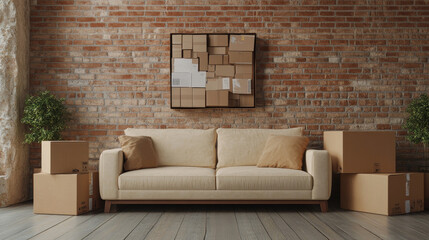 visual featuring cardboard boxes filled with household items positioned alongside a cream sofa against a brick wall background.