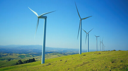 Obraz premium A scenic image of a wind farm with multiple wind turbines spinning under a bright, sunny sky, symbolizing renewable energy and clean power generation for a sustainable future.