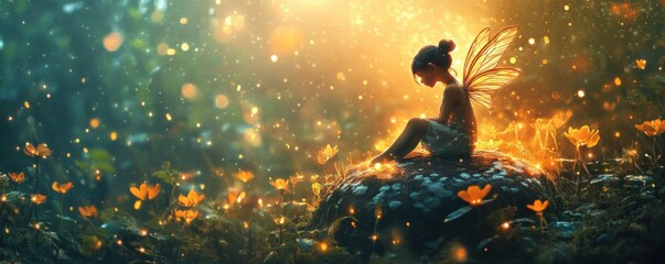 Naklejka premium Enchanting Fairy on Toadstool in Mystical Forest with Glowing Flowers and Ethereal Fog