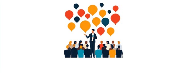 Business presentation illustration with a speaker addressing a diverse audience. Colorful speech bubbles symbolize ideas and communication.