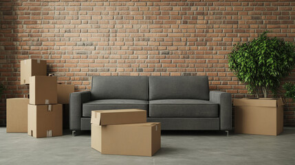 visual featuring cardboard boxes filled with household items positioned alongside a grey sofa against a brick wall background.