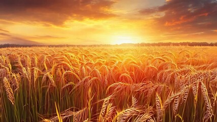 Flying through wheat field at sunset. Autumn harvest season. Agriculture and farming. Agricultural landscape and rural scenery