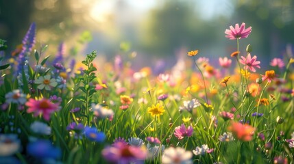 Obraz premium A wildflower meadow in a summer garden filled with colorful wildflowers swaying in the breeze.