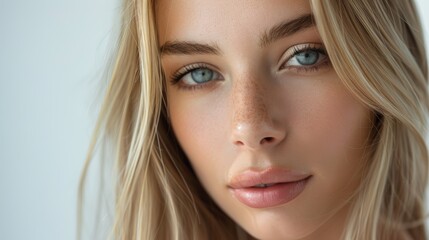 Fototapeta premium Stunning blonde woman in studio with natural skincare, hair care, and aesthetic wellness. Skin, female model, cosmetic dermatology, salon shampoo, and healthy shine