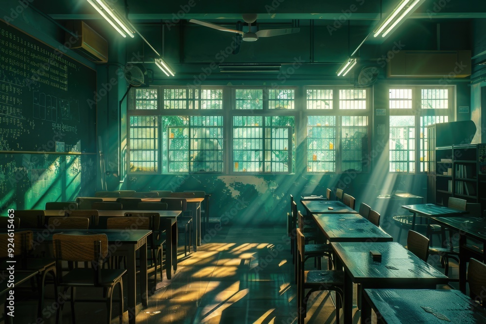 Poster A typical classroom setting with multiple desks and a ceiling fan overhead, suitable for educational or office environments