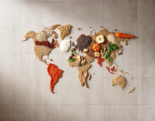 a world map made of food ingredients and vegetables on a stone texture