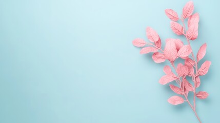 Fototapeta premium Serene Pink Foliage Harmony on Pale Blue - Minimalist Botanical Composition with Copy Space, Generative Ai