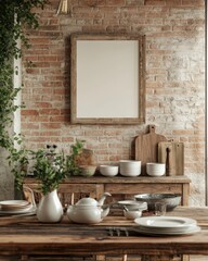 A kitchen with a brick wall and a wooden table