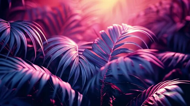 A video of palm trees swaying under a neon sunset with pink and purple hues. Perfect for tropical, exotic, or beach-themed designs. Ideal for summer, party, or paradise-themed projects.