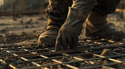 A close-up shot of a person wearing a hard hat and safety glasses, focused on their work on a busy construction site
