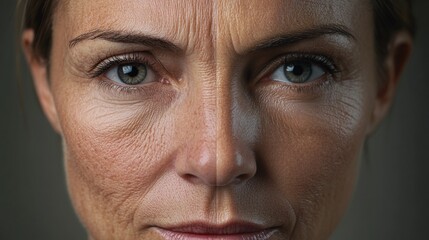 Obraz premium The image showcases a split view of a woman's face, illustrating the differences between youth and age with distinct wrinkles and skin texture