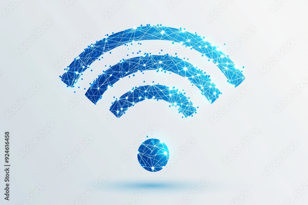 Poster an abstract wi-fi icon on a white background with an inscription. a starry sky or space with the uni