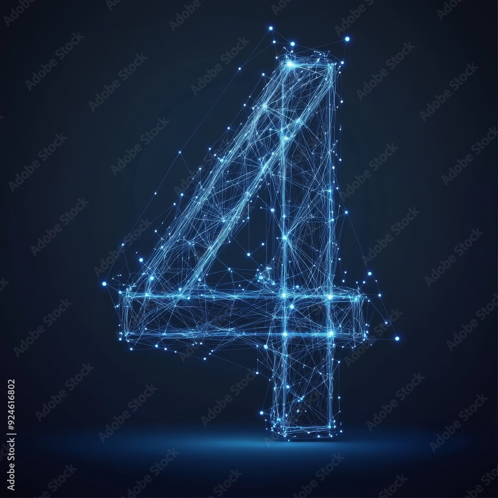 Poster numeral four in the form of the starry sky or space with lines, points, and shapes in the shape of p