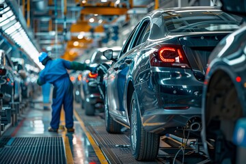 Obraz premium Worker fixing car at modern factory, cinematic shot of plant painting multiple cars