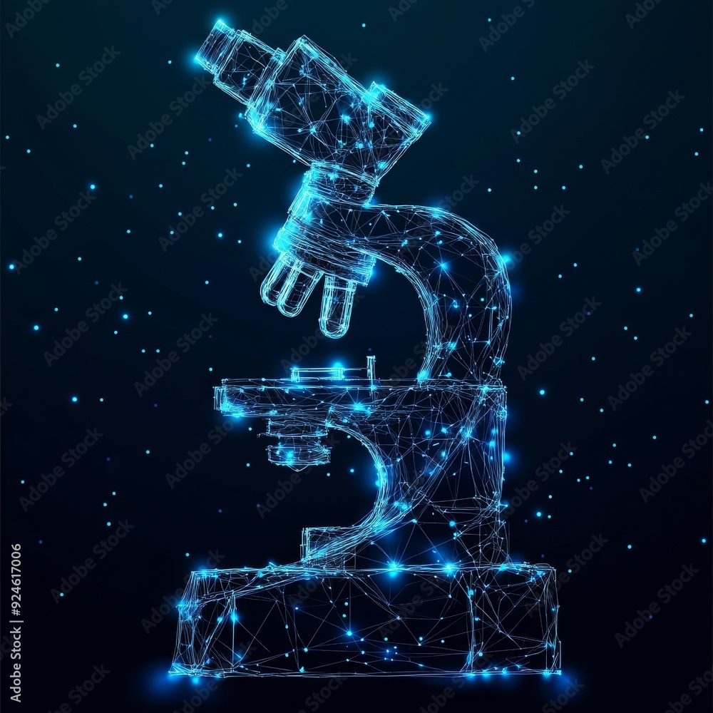 Poster object representing a microscope as a starry sky, consisting of points, lines, and shapes resembling