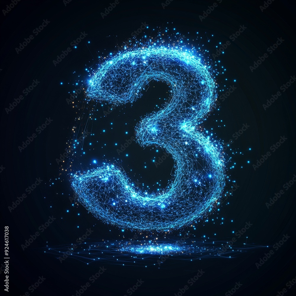 Poster abstract image of a number three made up of points, lines, and shapes created from planets, stars, a