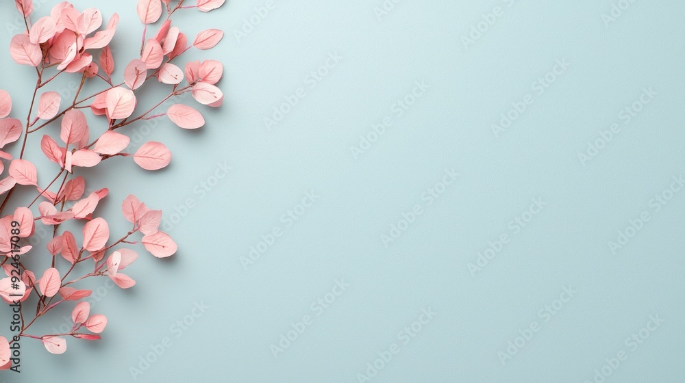 Poster minimalistic soft pink foliage on grey-blue background for text overlay., generative ai