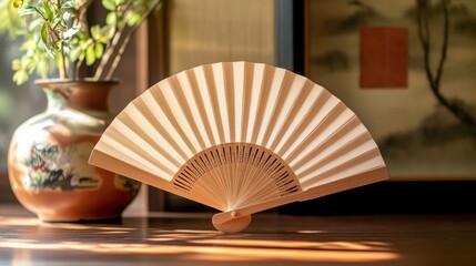 A stylish folding fan in a traditional Japanese setting, accented by flowers and jars with sunlit ambiance.