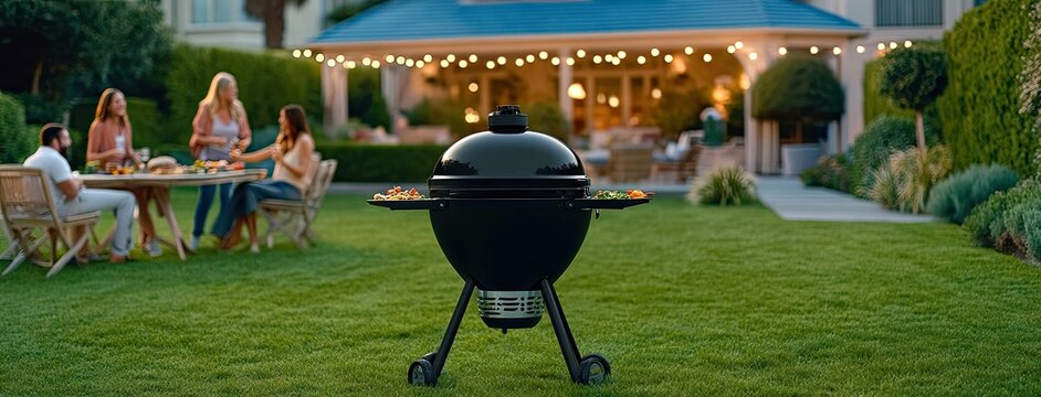 Family gathering in the front yard with string lights and barbecue under the evening sky