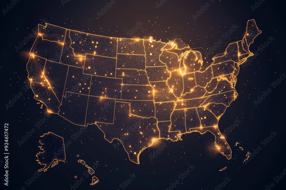 Poster this is a low poly illustration of the american map rendered with gold particles. this is a shimmeri