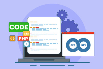 Software development and operations program practice concept, DevOps methodology, technical support, automation process, software development and operations, flat vector illustration.