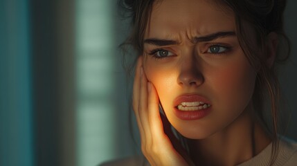Fototapeta premium A woman looks concerned as she holds her jaw, illuminated by soft light in a cozy indoor setting during the evening