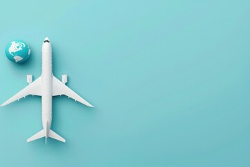 A detailed airplane model sits next to a globe, symbolizing the adventure of global exploration against a calming backdrop.