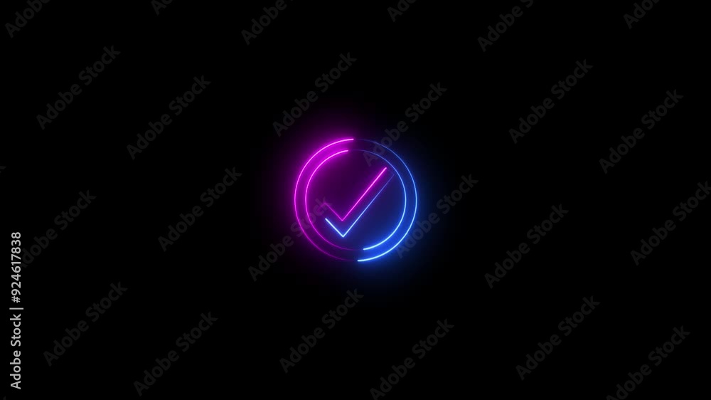Poster neon line moving check mark icon animation concept . light check symbol and success check mark icon 