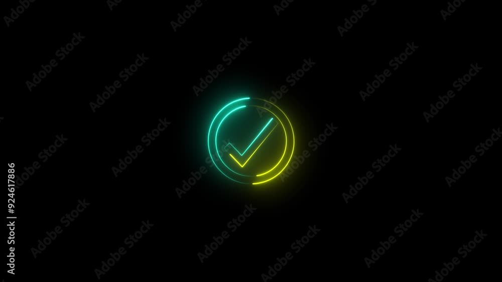 Poster neon line moving check mark icon animation concept . light check symbol and success check mark icon 