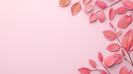 Serene Coral-Colored Leaves on Pale Lavender Background with Copy Space, Generative Ai