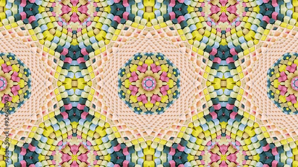 Poster mosaic kaleidoscope in 3d: a geometric mandala in motion. an abstract ornament of intricate patterns