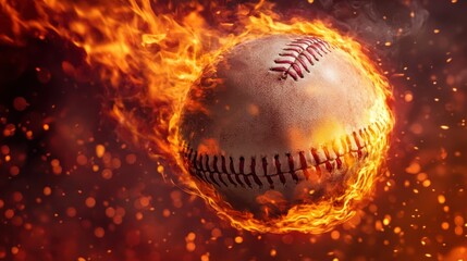 Flying baseball in flames on black background,Hot baseball ball in fires flame,Closeup Baseball player hitting ball with bat,home run,baseball field with grandstand,sport day,space for text.