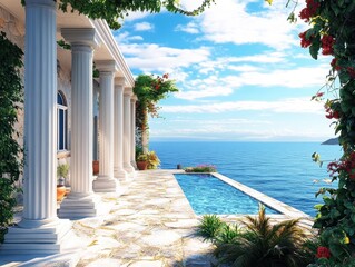 Fototapeta premium A beautiful beach house with a pool and a view of the ocean