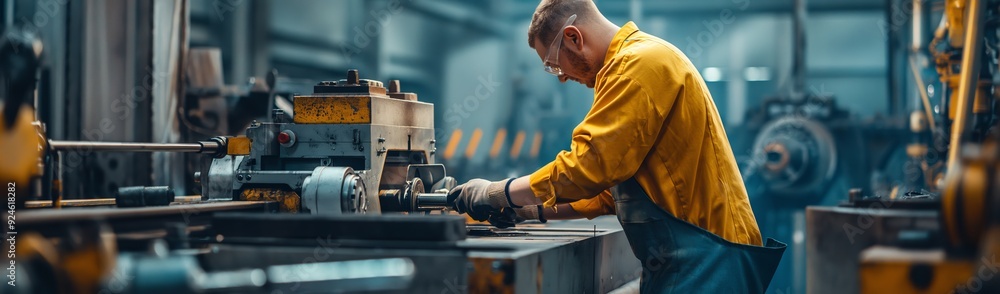Poster a worker in a yellow jacket performs precise adjustments on machine parts within an industrial setti