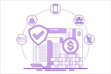 Mobile or cashless payment concept. infographics online banking, mobile bill payments, mobile wallets, start-up business projects, online surveys, business planning. flat vector illustration