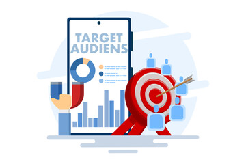 Target audience concept, advertising placement on social networks in smartphone applications, customer outreach, digital targeting marketing, business goals, sales generation. flat vector illustration