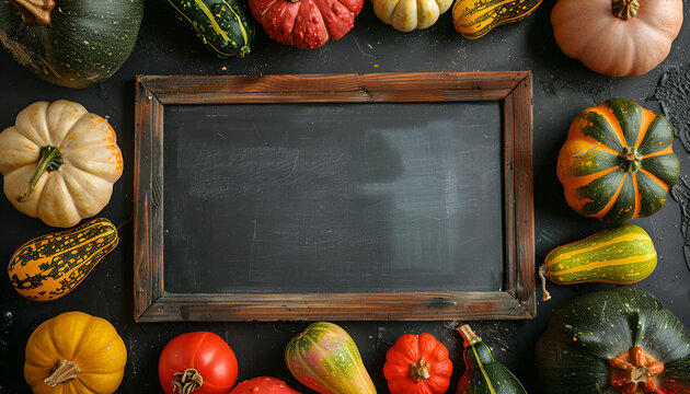 Pumpkins and variety of squash around a chalkboard