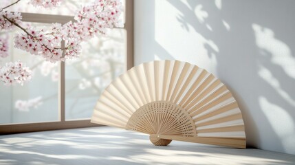 A stylish folding fan in a traditional Japanese setting, accented by flowers and jars with sunlit ambiance.