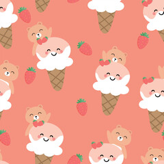 Obraz premium Seamless pattern with cute cartoon bears and strawberry ice cream, for fabric prints, textiles, colorful gift wrapping paper for children, flat style