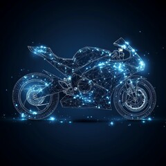 Abstract motorcycle racing in the form of a starry sky or space, composed of points, lines, and shapes in the form of planets, stars, and the universe. Modern wireframe concept.