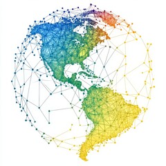 Low poly illustration of the earth globe. 3D polygonal world map. Dots and lines connected. Spherical model of the planet, color wireframe mesh for geography learning.