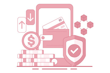 Concept of Mobile wallet or saving money online. online banking infographics, mobile bill payments, start-up business projects, online surveys, business planning. flat vector illustration.