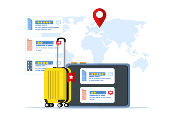 The concept of choosing hotels and rooms online booking images, Browse searches or choose hotels, inns and apartments via the internet, Concept of travel, holidays and accommodation. flat vector.