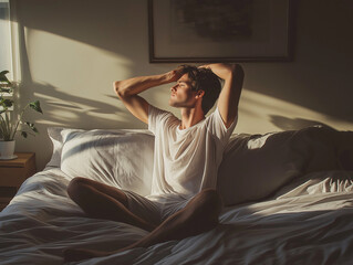 A man gets out of bed, stretches a little, and sits on the bed to greet the new day.
